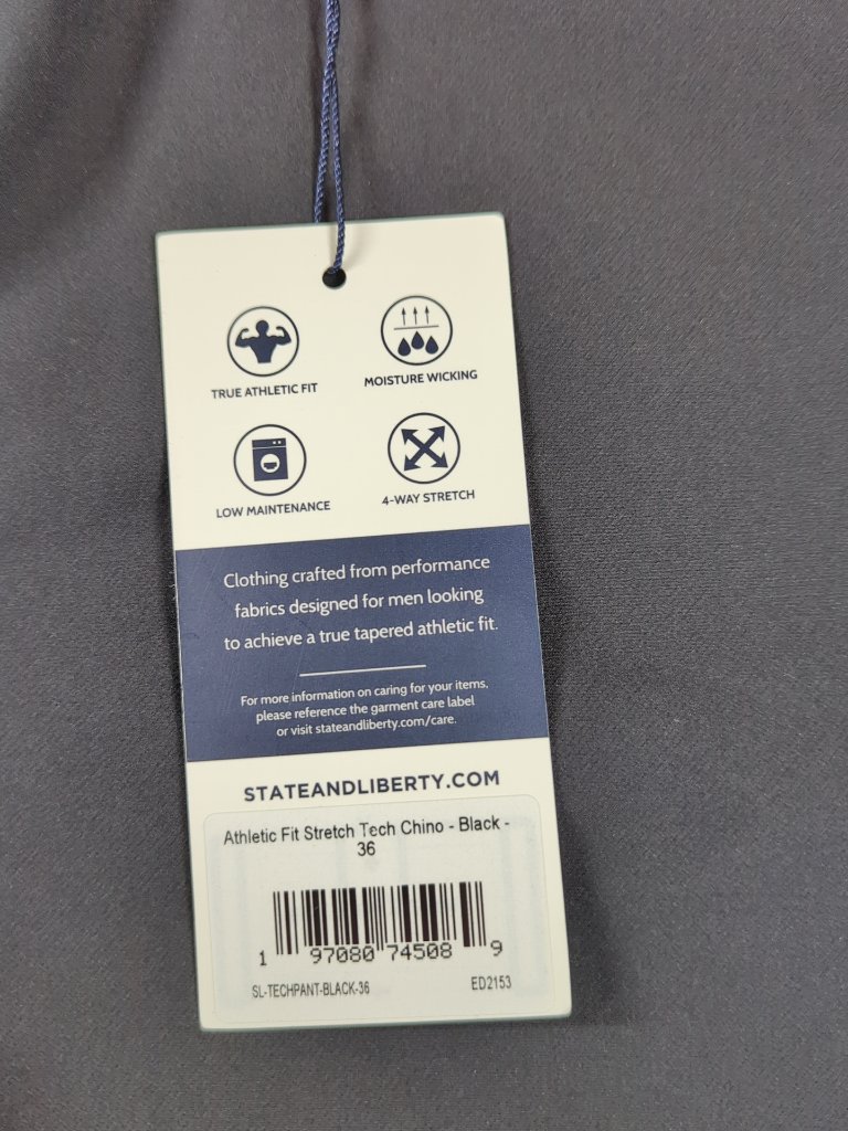 State & Liberty Pants Men's 36 (Fit 34x30) Black Tech Chino Athletic Fit Nwt — image 3 of 8